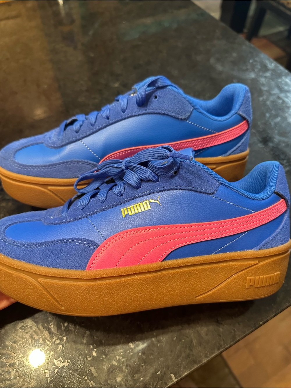Puma Blue Sneakers with Pink Stripe and Gum Platform women’s 8.5